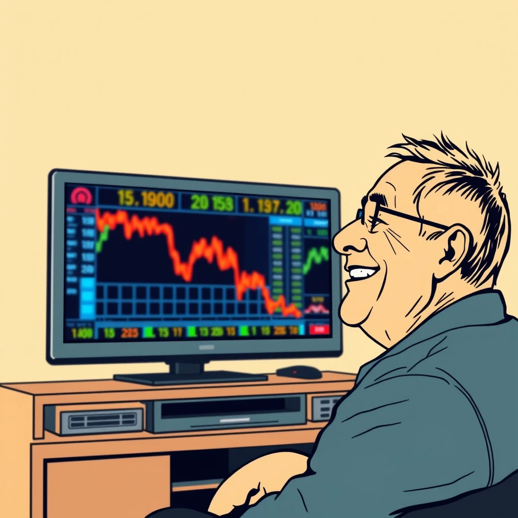 A man watches TV as stocks are all crashing by 10 percent. He smiles. - Image