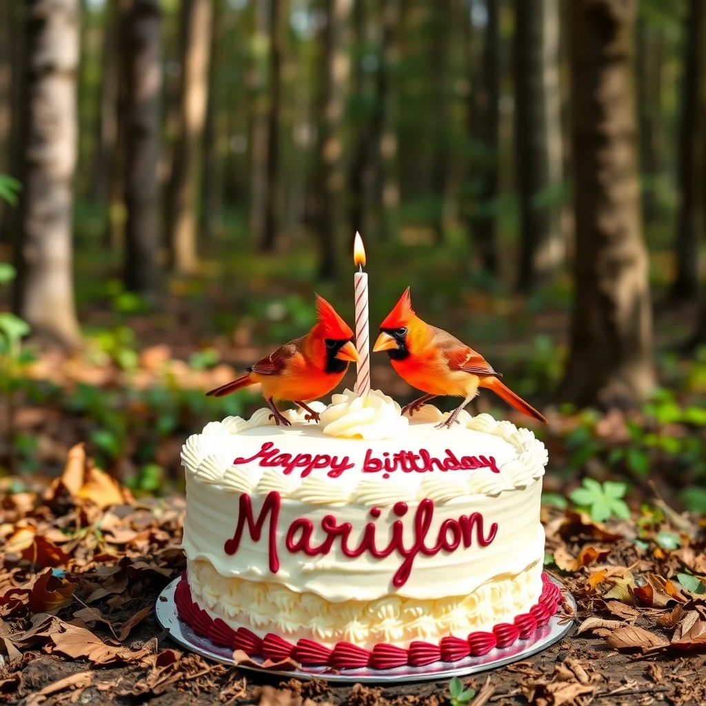 Birthday cake for Marilyn out in the forest that says "Happy Birthday Marilyn" with two cardinals eating some frosting.