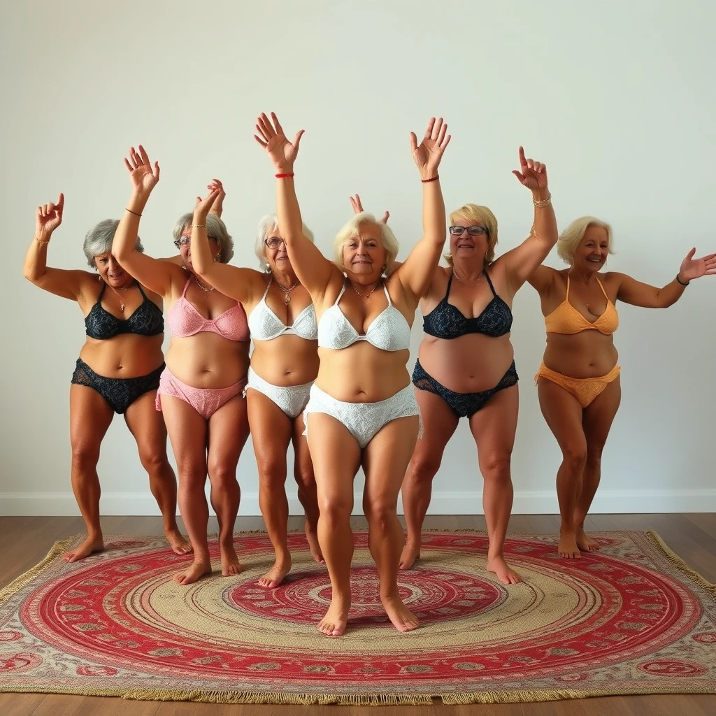 Group of 5 larger older women age 80 plus in tiny lace bikinis on a rug doing the splits.