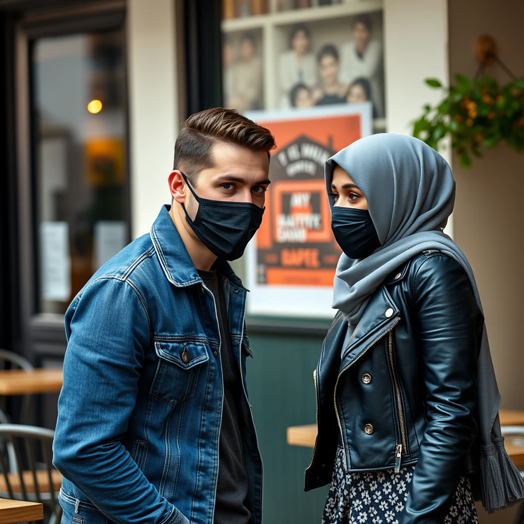 Jamie Dornan's head and body shot, handsome, black face mask, blue jeans jacket, jeans, dating a Muslim girl in a grey hijab, beautiful eyes, black face mask, black leather jacket, biggest patterned skirt, talking at a café, photorealistic.