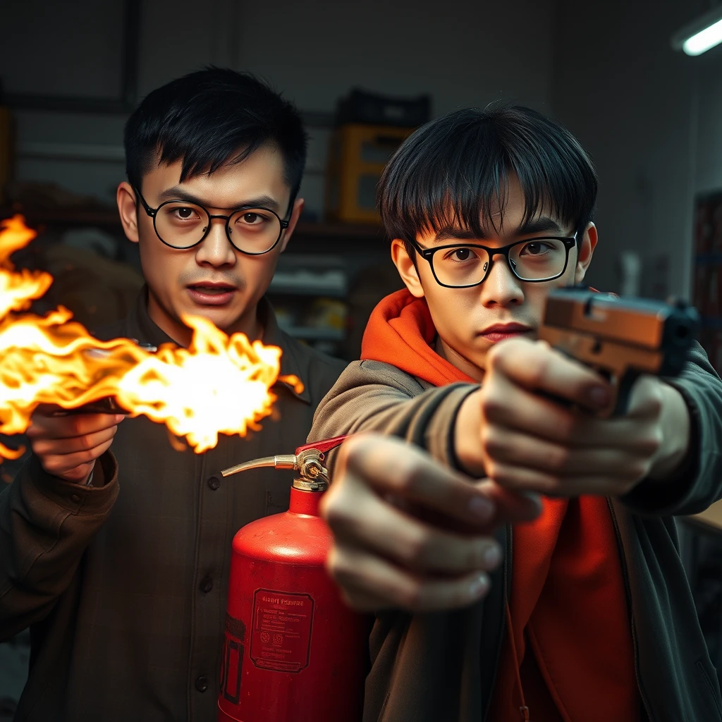 I want a 2-person set. They are two men, both 20 years old, looking really angry with a murderous intent, in a garage setting. 

The first man is a Caucasian white man; he has short black hair and wears round prescription glasses. In the scene, he's holding a very large fire extinguisher that shoots fire like a flamethrower. 

The second man is an Asian man; he has a thin, long face, mid to long hair with a fringe, and wears square prescription glasses. He's holding a pistol, aiming towards the screen.