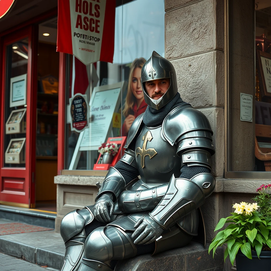 A knight in iron armor sits outside a local downtown shop. - Image