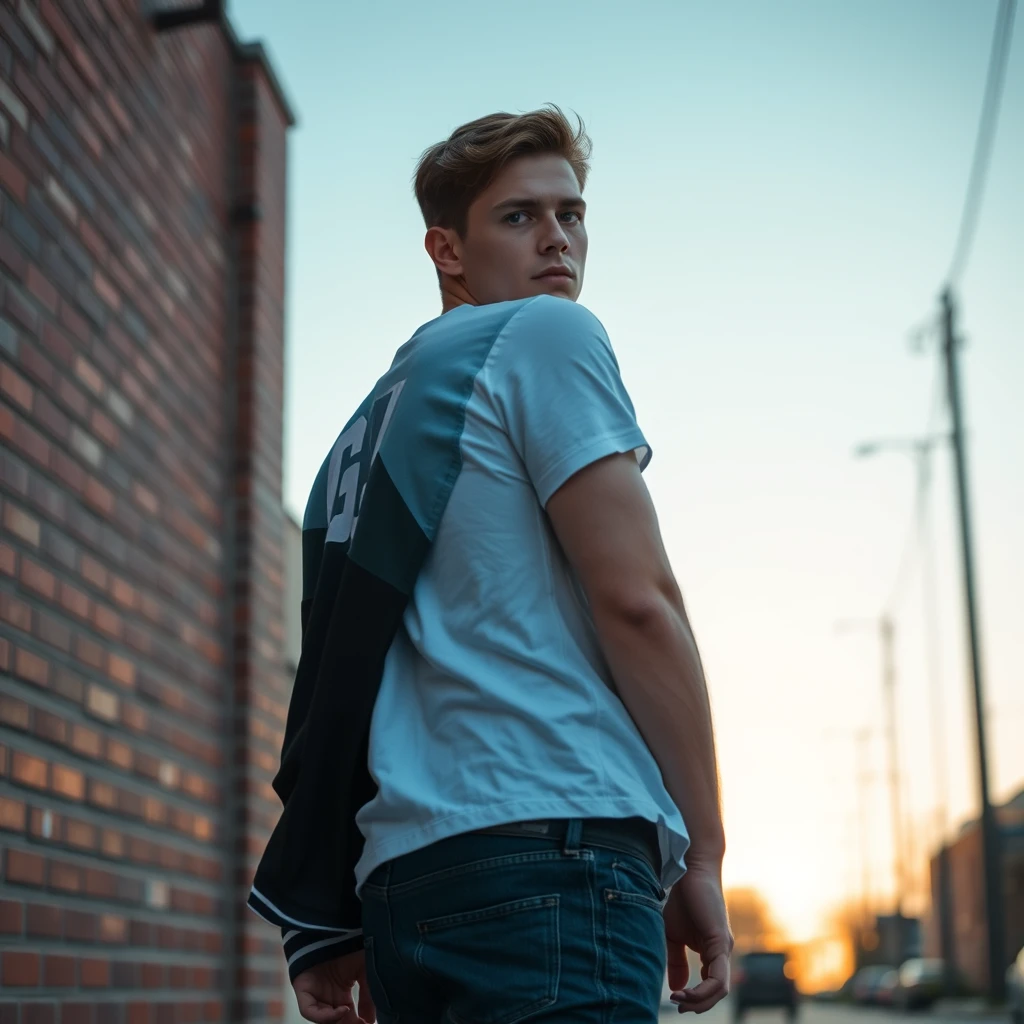 Freddie Prinze head and body shot, handsome, young, serious face, white T-shirt, college jacket, jeans, sneakers, looking behind, hyper-realistic, street photography, brick wall, full body photography, sunrise.