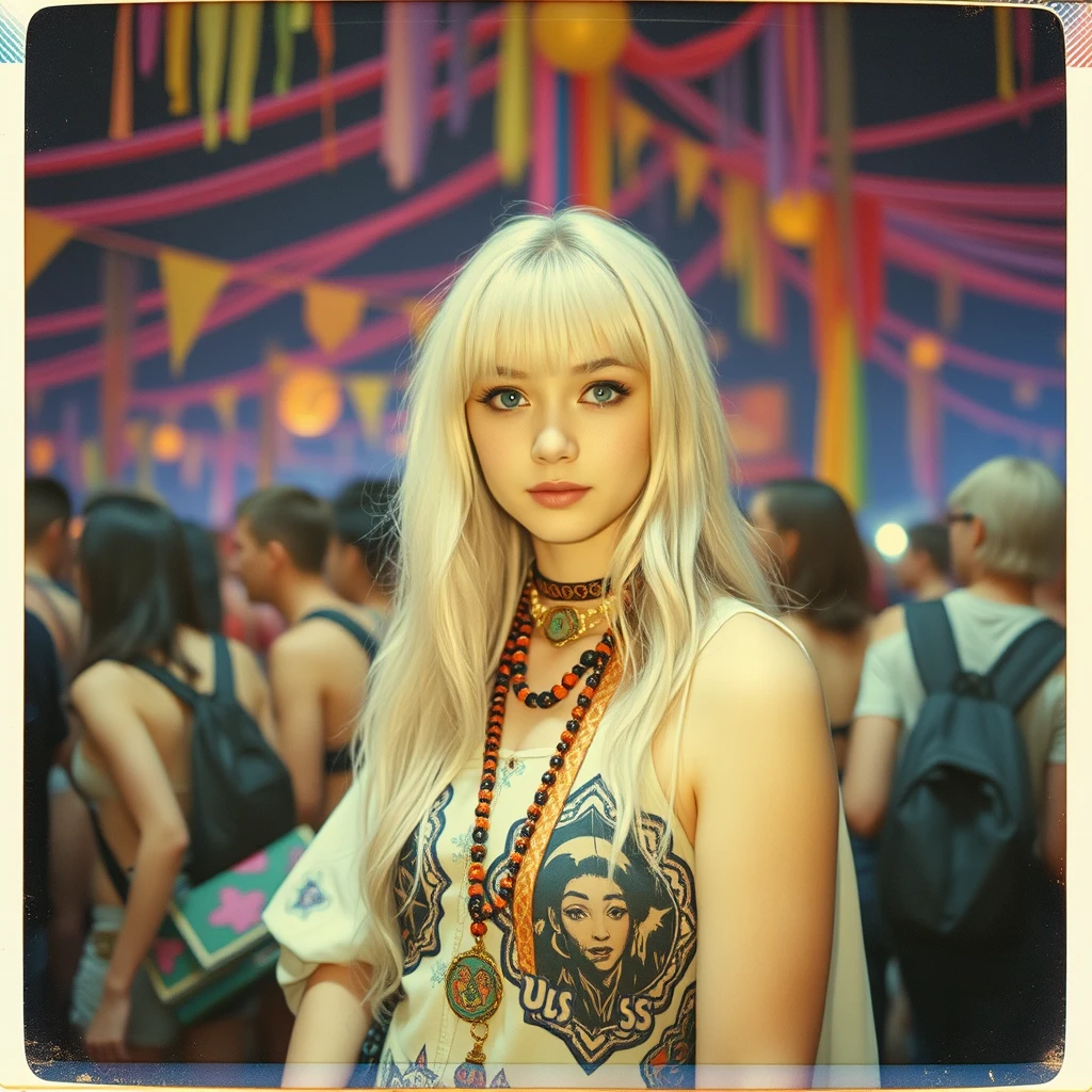 Old retro photo of a hippie anime girl at a music rave festival, hippie, psychedelic trippy festival, music scene, psychedelic decorations and colors polaroid photo.