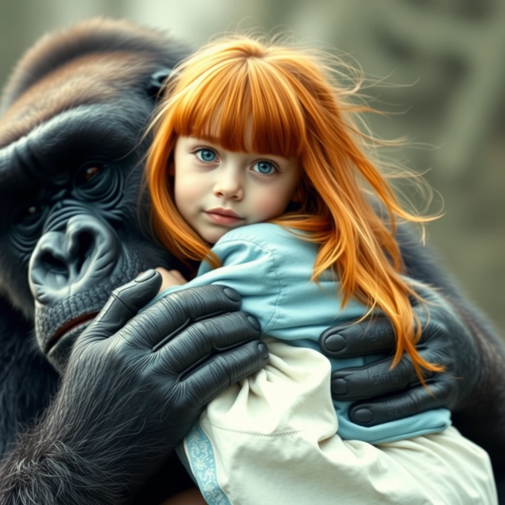 A cute ginger Russian teenage girl with green eyes and bangs being carried by a gorilla king dressed in light blue and white clothes.