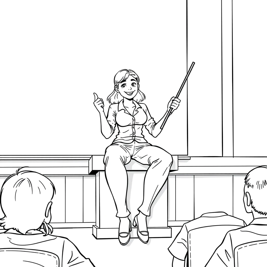 Comic line art, a teacher sits on the podium with her legs wide open, pointing at her pants with a long stick and smiling at the students. - Image