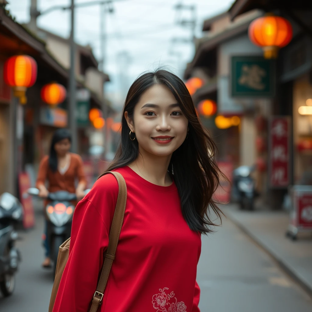 A young beautiful Chinese lady walking on the street.