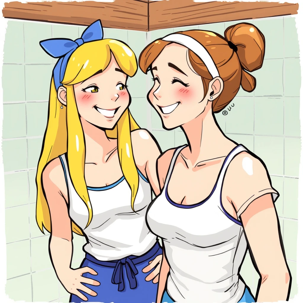 Alice giggles impishly as she helps Betty get ready for their post-practice shower at summer camp. - Image