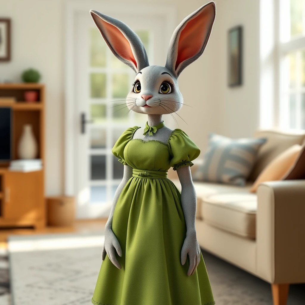 An anthropomorphic female human bunny wearing a green dress, with a human-like face, standing in a living room.