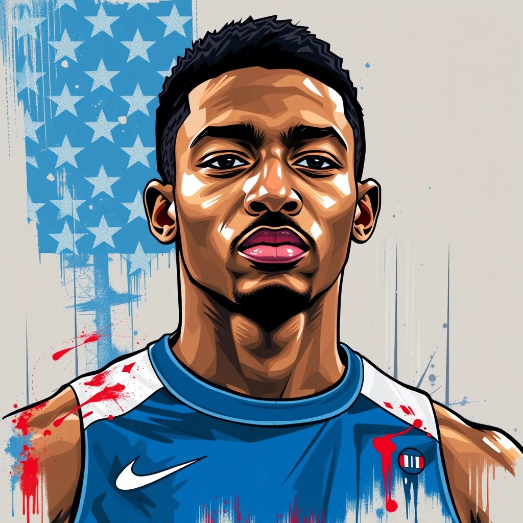 "Create a portrait of Noah Lyles, the American athletics star. Use the attached image as a template. Emphasize the personality of Noah Lyles. Also highlight the American traits. Design the image in the style of freestyle graffiti." - Image