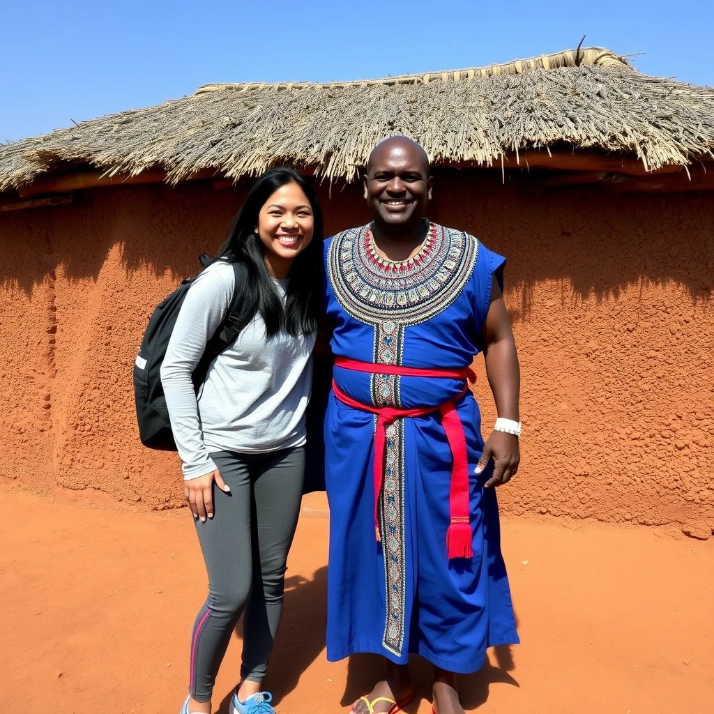 This is a photograph capturing a joyful moment between two people standing in front of a traditional mud-brick hut with a thatched roof, likely in a rural African setting. The person on the left is a woman with long black hair, wearing a light gray long-sleeve shirt, dark gray pants, and blue athletic shoes. She has a black backpack and is smiling broadly, with her arm around the person on the right.

The person on the right is a man with a shaved head, wearing a vibrant blue robe adorned with intricate beadwork and a red sash around the waist. He also wears a white wristband and a red bracelet on his right wrist. The man is smiling and appears to be enjoying the moment.

The background features the textured, rough surface of the mud hut, with a thatched roof made from dried grass. The ground is reddish-brown and dusty. The sky above is clear and blue, suggesting a sunny day. The overall atmosphere of the image is warm and friendly, highlighting the cultural diversity and camaraderie between the two individuals.