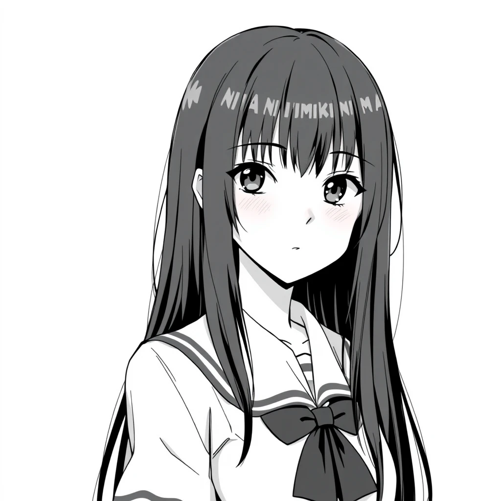 Girl with long, straight, black hair, tall, slim, average breast size, 20 years old, wearing a school uniform. Full body portrait, manga style, grayscale. - Image