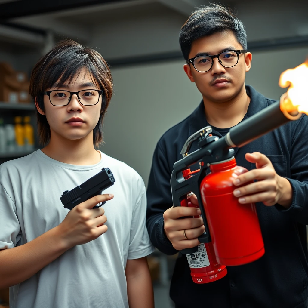 21-year-old thin white Northern Chinese man wearing square glasses, with mid/long fringe hair, holding a Glock; 21-year-old white Brazilian Italian man wearing round glasses and short hair, holding a very large fire extinguisher flamethrower, in a garage setting. - Image