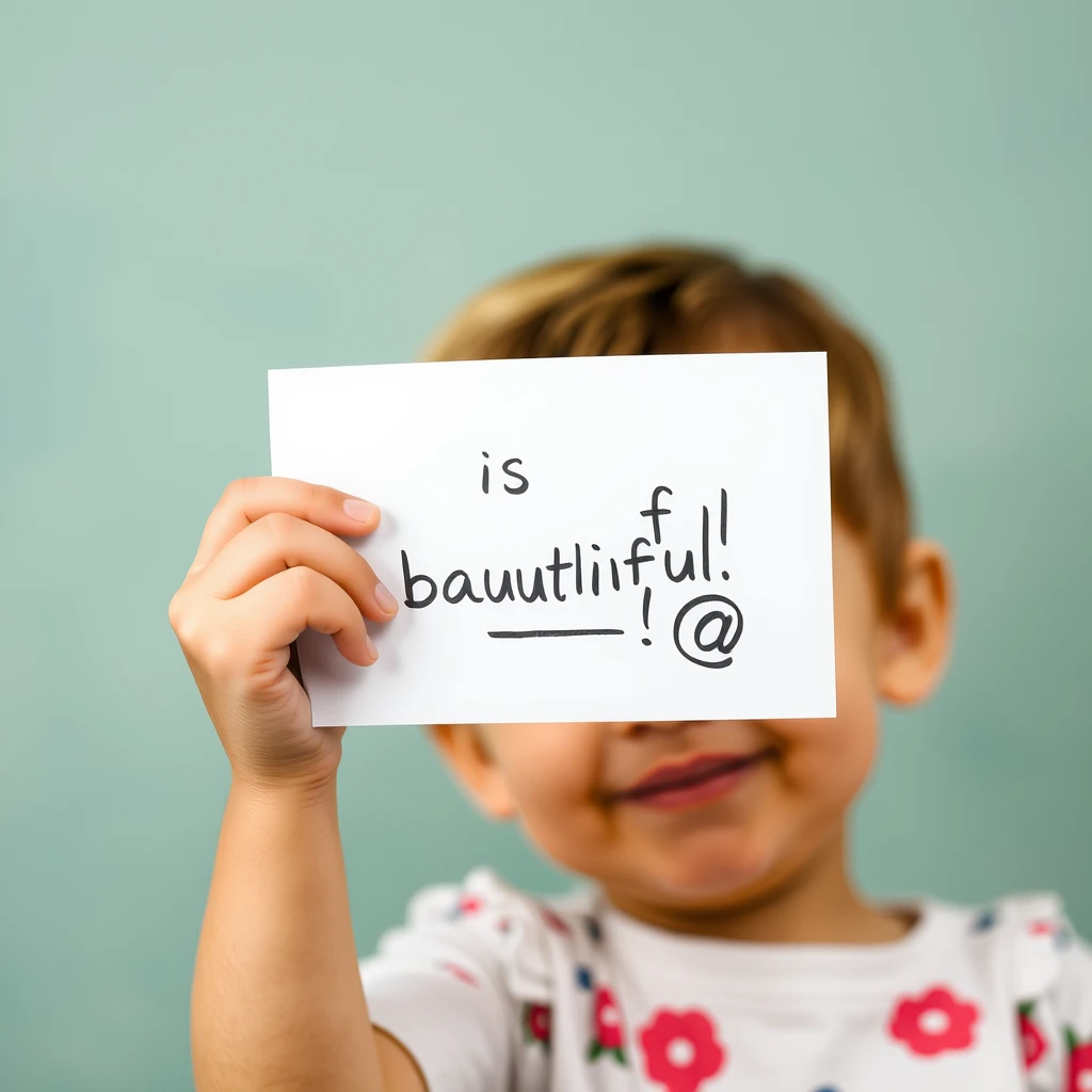 Child holding a card saying "Life is beautiful !!!!!@"