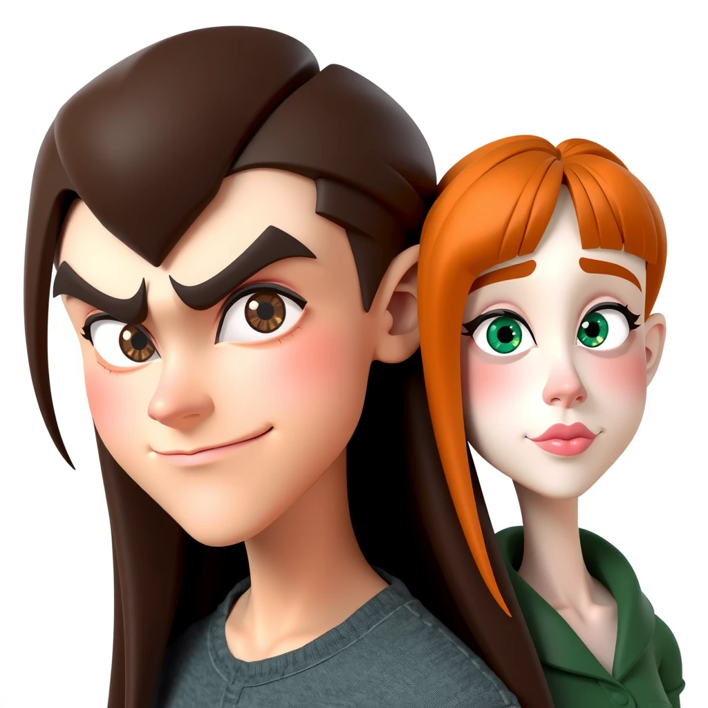 3d art style, young guy, long dark brown hair parted in the middle, sharp facial features, smirk, pale skin, light brown eyes, thick eyebrows, long eyelashes next to a cute white ginger girl, small nose, pink lips, green eyes, long bangs hairstyle.