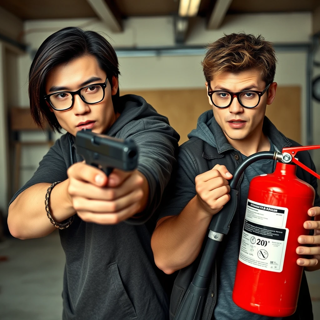 21-year-old pale Chinese man with square glasses, shoulder-length hair, holding a pistol; 20-year-old white Italian man with round prescription glasses and short hair holding a very large fire extinguisher, in a garage setting, both angry, intent on killing.