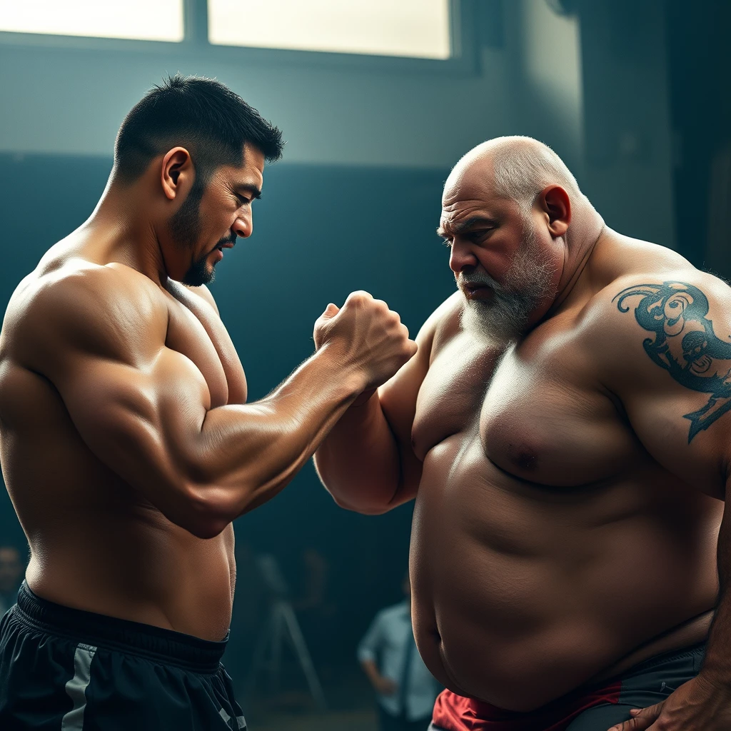 A muscular middle-aged Asian man is punching the belly of a robust man opposite him, 4k, hd. - Image