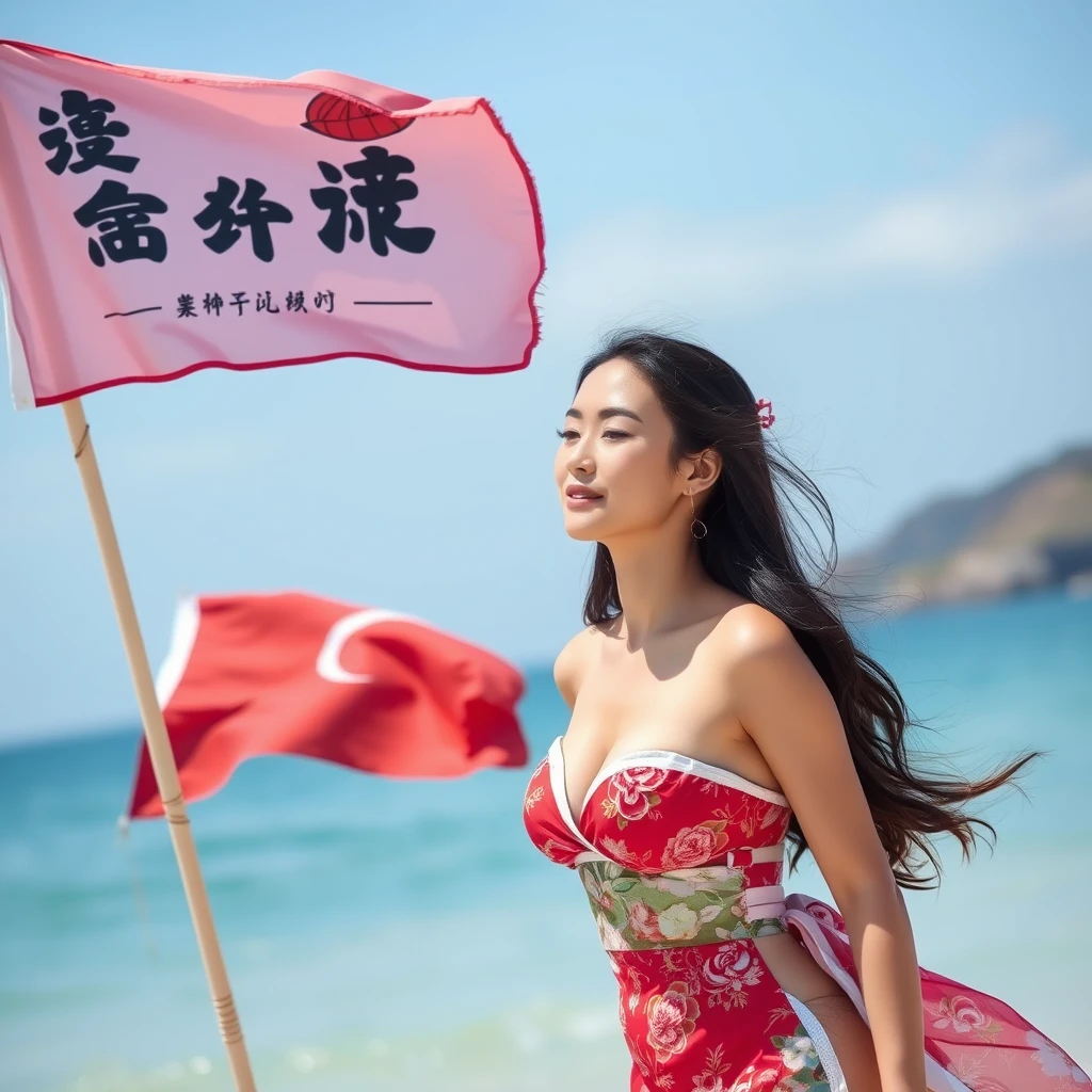 "Oriental beauty on the beach, able to see the beauty's whole body, with a flag, with Chinese characters and Japanese. Note, you must be able to see the beauty's whole body."