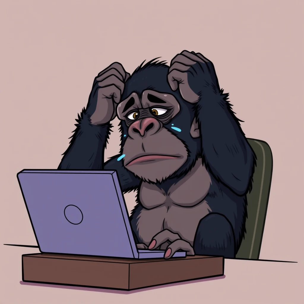 Chimpanzee sitting at a desk with a laptop computer on it. The ape is despondent, crying in rage and despair with his hands held to his head. Stylized detailed cartoon image with exaggerated expressions.