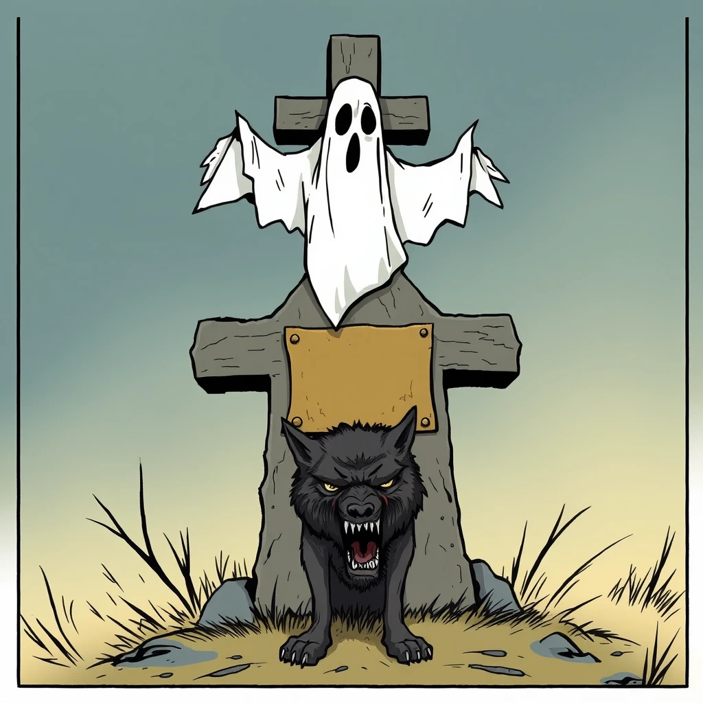 Graphic Novel: A ghost on its grave cross with a brass plaque shrugs its shoulders, in front of it a crying werewolf. - Image