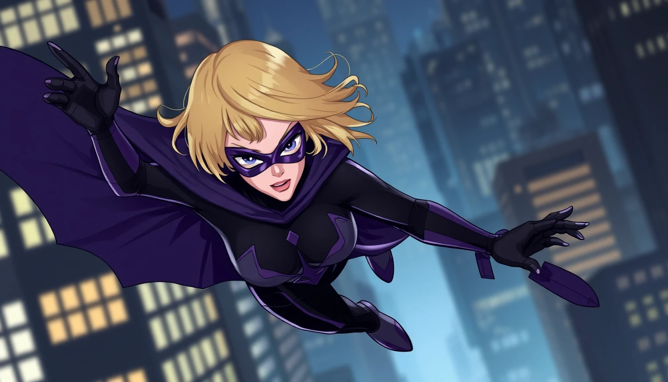 A blond female in black and purple spandex and a short black cape. A purple mask with a black outline. Swinging through the city at night.