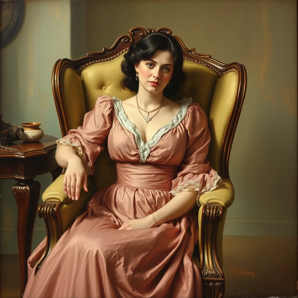 romantic oil painting of Lady Meredith Hesketh-Fortescue sitting in a Victorian armchair - Image