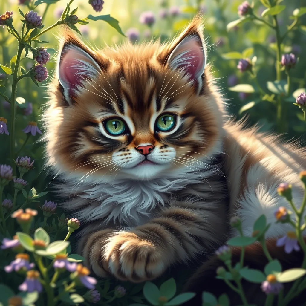 A plump, majestic kitten with captivating emerald green eyes, sprawled contentedly amidst a vibrant garden of catnip. Soft morning sunlight filters through the foliage, casting playful shadows on the kitten's luxurious fur. style of Anne Bachelier.