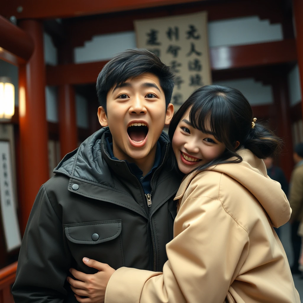 A young Asian man in a jacket at a Japanese shrine, indoors, surprised and screaming, looking at the viewer, suddenly hugged by a beautiful oiran who is smiling.