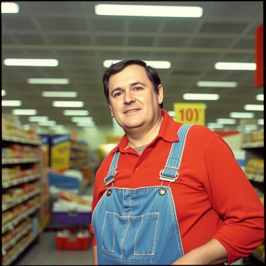 A man wearing a red shirt and blue overalls in a Walmart in 1971. - Image