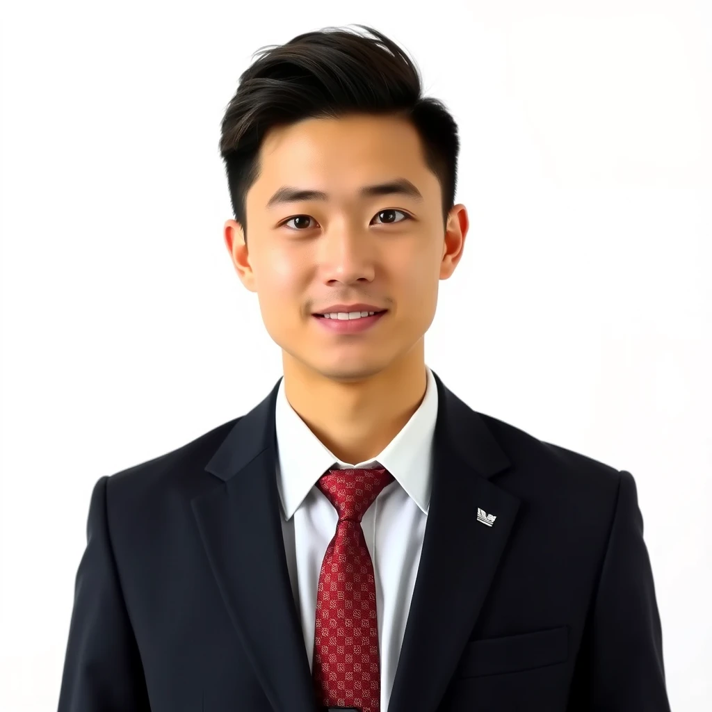 "A young handsome Chinese man in a suit with a white background high-definition formal ID photo."