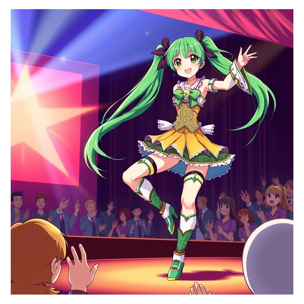 Japanese anime illustration: a vibrant green-haired girl with long twin tails, dressed in a striking performance outfit, dances passionately on stage, captivating the cheering audience below. - Image