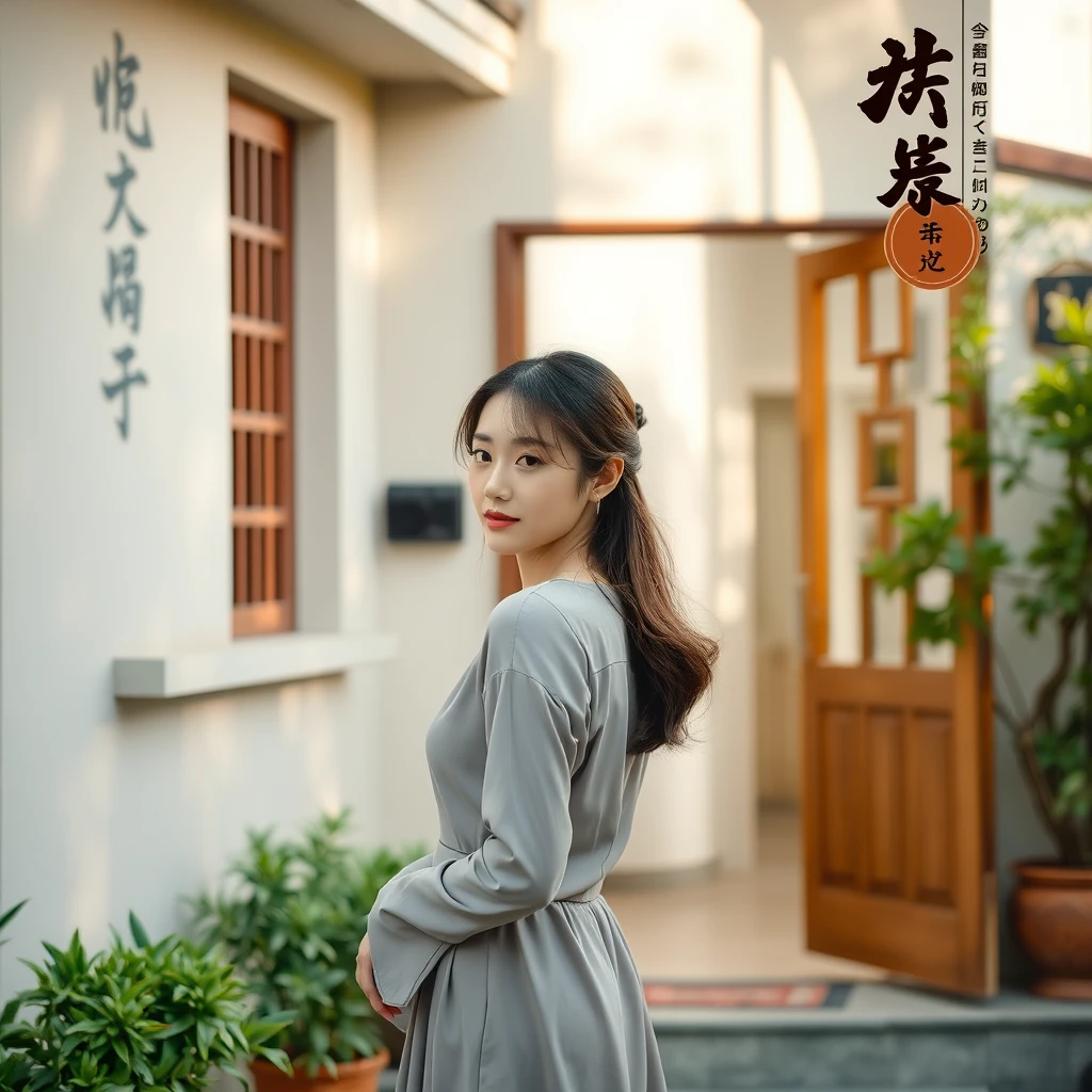 During the day, a beautiful woman is standing at the entrance of a house; she is turned sideways, not facing front, and there are Chinese characters.