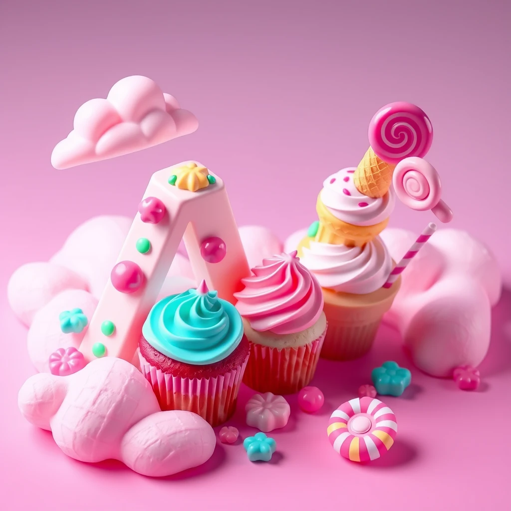 A 3D isometric letter "A" made from desserts. Includes cupcakes with neon frosting, ice cream cones, and lollipops. Surrounded by pastel candy clouds. Neon colors.