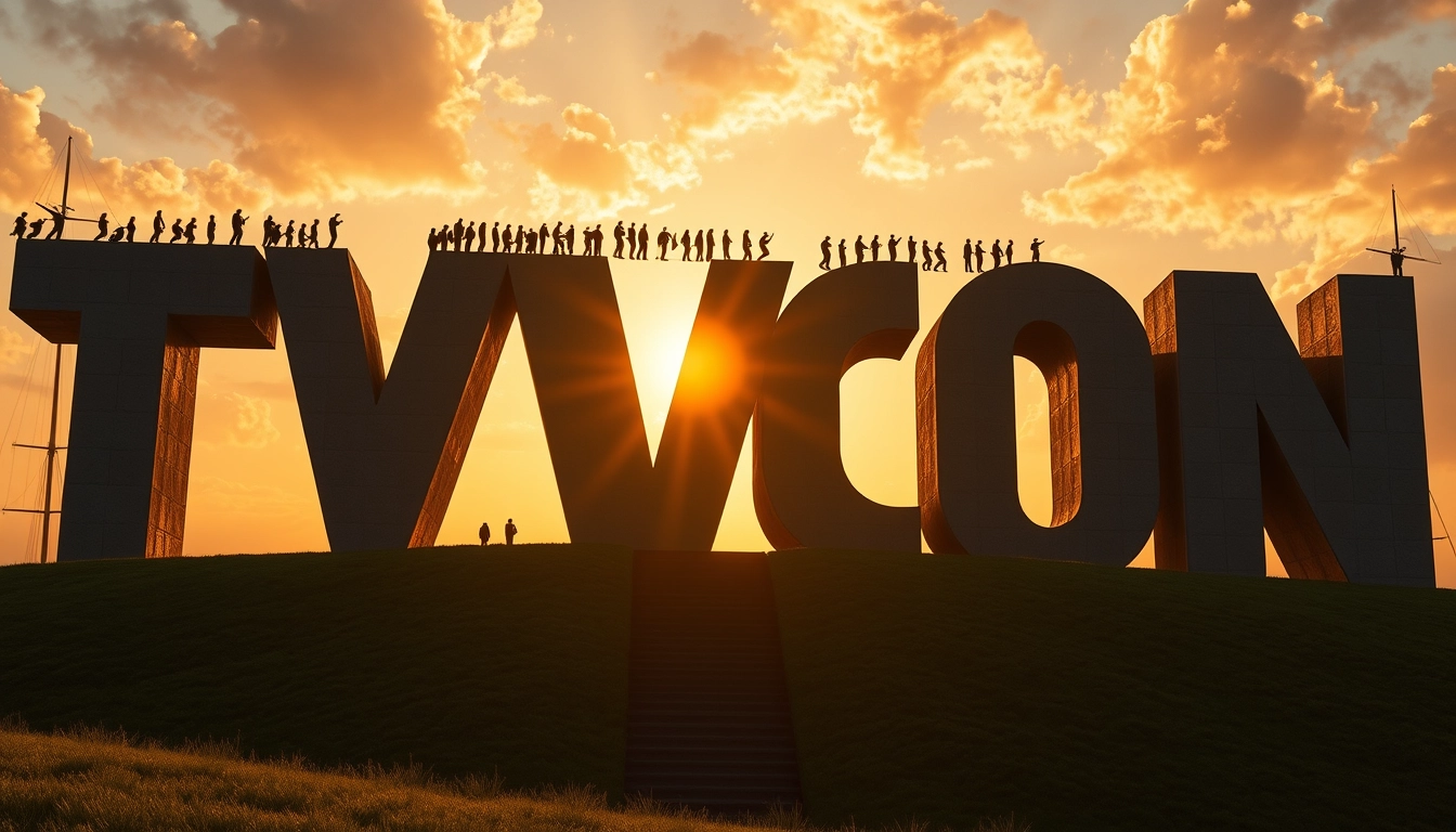 Create a dramatic digital illustration of giant 3D letters spelling 'TVCN' on a hilltop. The letters should be dark and monolithic, appearing to be made of concrete or stone. Position them against a spectacular sunset sky with golden light, dramatic clouds, and visible sun rays. Place the sun so it shines through the 'U' in FLUX. Add silhouettes of many tiny human figures along the top of the letters to show scale. Include a winding staircase or path leading up to the letters from the foreground. The foreground should feature grassy, rolling hills. Add two or three ship masts visible on the sides of the image. Use a cinematic style with high contrast between the dark letters and the bright sky. Emphasize the epic scale and grandeur of the scene, creating a sense of awe and wonder. The overall mood should be inspiring and slightly mysterious. - Image