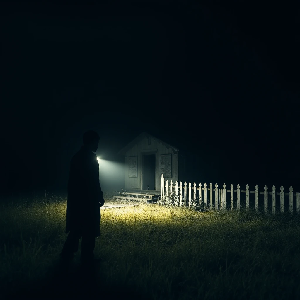 Mysterious figure lurking near an abandoned old Javanese Traditional Gebyok house, without electricity, pitch dark ambience under the dark night, someone shines a powerful incandescent flashlight towards the old Javanese Traditional Gebyok house, dramatic shadows, suspenseful mood, cinematic style, neglected yard with tall grass and a white picket fence, 4k --ar 4:3