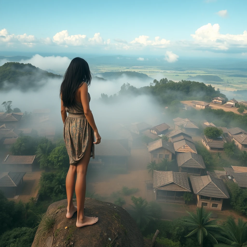 View from above, 50-meter-tall giant woman standing in village barefoot. - Image