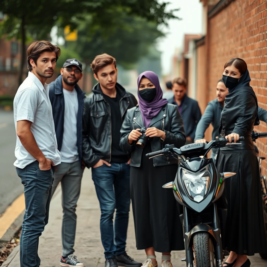 Jamie Dornan and Freddie Prinze, head and body shot, handsome, young, serious face, dark brown hair, white t-shirt, collar jacket, skinny jeans, sneakers, standing, discussing with two guys and a Muslim girl wearing a short purple hijab, beautiful eyes, black face mask, black leather jacket, longest black leather skirt, holding a Canon DSLR camera, near a town road, superbike, hyper-realistic, street photography, brick wall, full body photo, three other random friends in the back. - Image