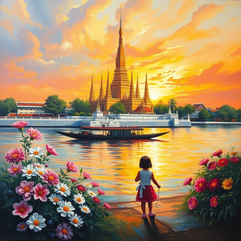 Wat Arun, Bangkok, Mekong, Flowers, a painting, children, Sunset - Image