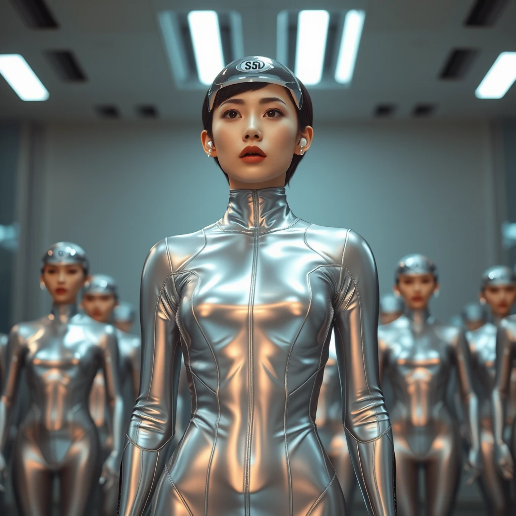 Korean woman. Sexy. Brainwashed. Standing at attention. Silver sleek latex skin-tight full-bodysuit with a number on it. Short hair. Sci-fi earbuds. Awaiting orders. Thinks she is a robot. Sci-fi futuristic. Hypno drone. - Image