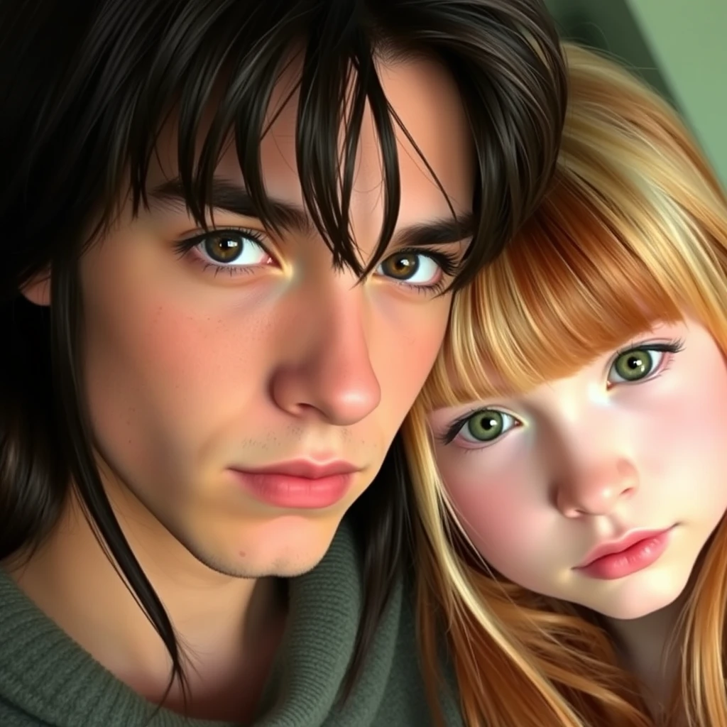 Young guy, long dark brown hair parted in the middle, sharp facial features, pale skin, light brown eyes, thick eyebrows, long eyelashes next to a cute white ginger girl, with a turned up small nose, pink lips, green eyes, and long bangs.