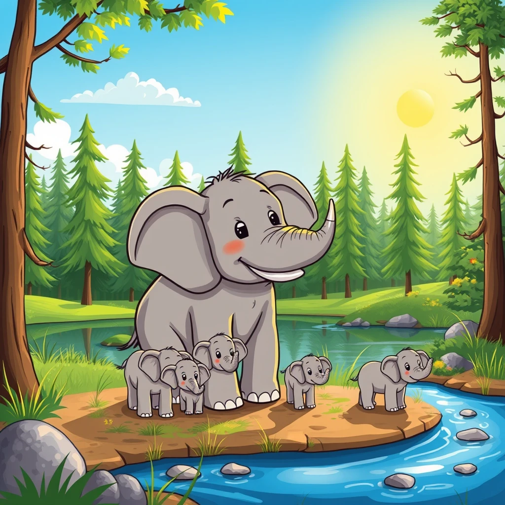 A whimsical cartoon of a happy elephant with her family grazing near a Finnish lake in a lush forest in the sun. - Image