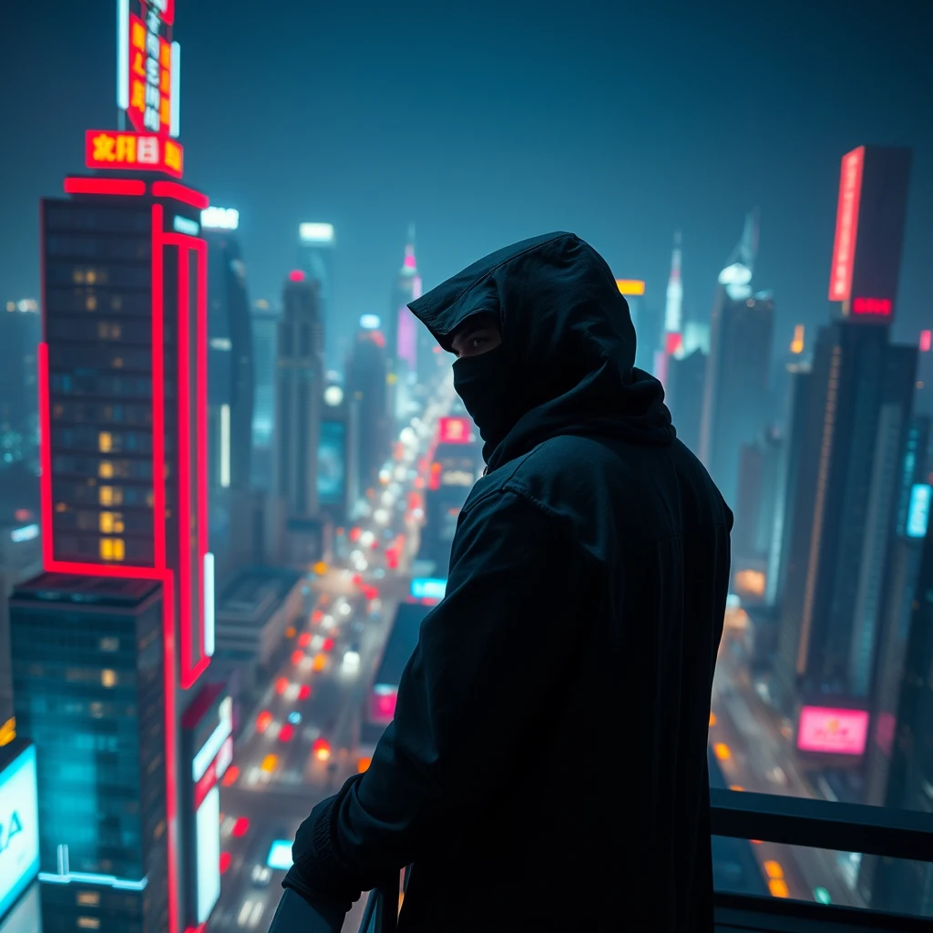 A mysterious guy wearing a black ninja-like suit in a neon city, from a high building looking at a city full of colorful lights, cinematic. - Image