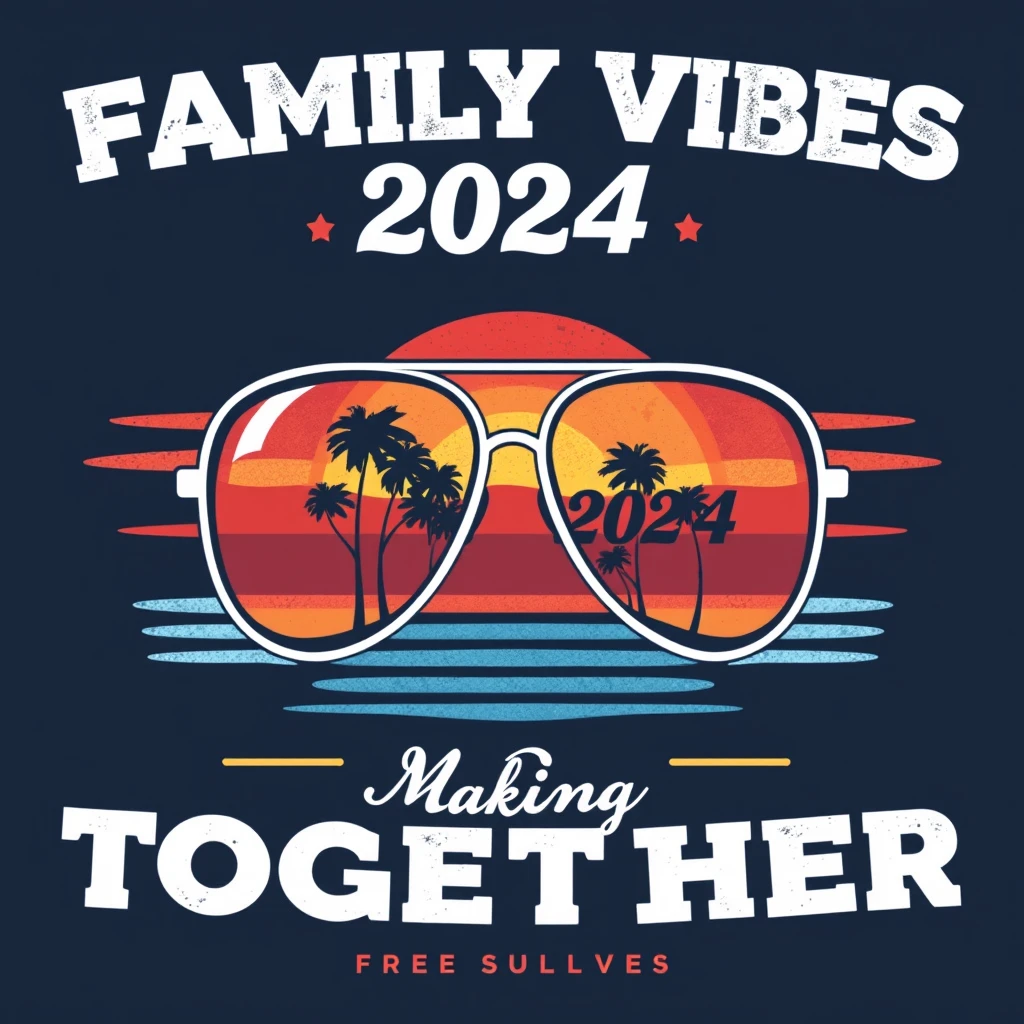 Create a vintage-style T-shirt design featuring the phrase 'Family Vibes 2024: Making Memories Together'. The design should prominently feature a pair of aviator sunglasses with lenses displaying a gradient sunset with shades of red, orange, yellow, and blue, along with silhouettes of palm trees. The numbers '2024' should be integrated within the lenses. Use a mix of bold and cursive fonts for the text to enhance the retro, nostalgic feel, and apply a slightly distressed texture to give the design a worn, classic look.