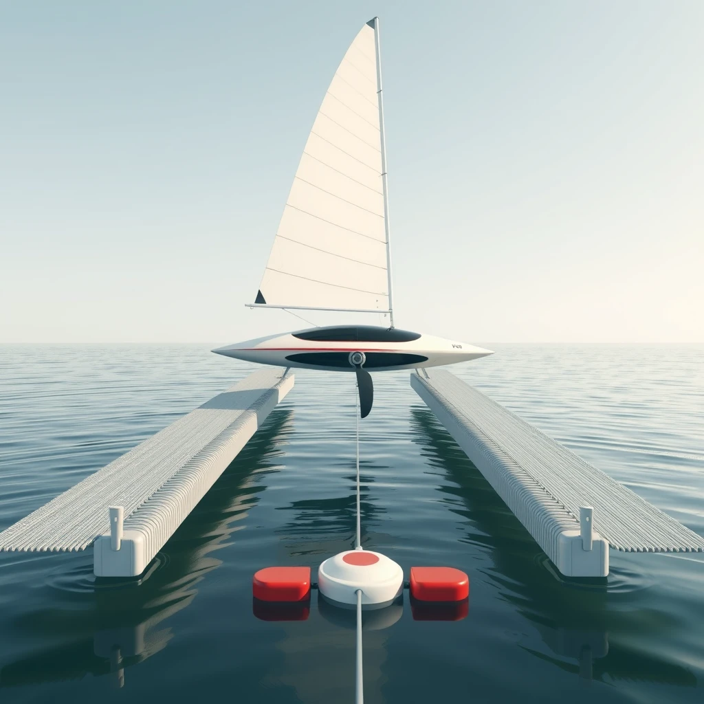 Rendering of two rails floating just above the water surface with a gap in the middle. A modern pod is gliding on these rails using its huge sail mounted on top. A propeller is towed underwater by the pod in between these rails using magnets. - Image