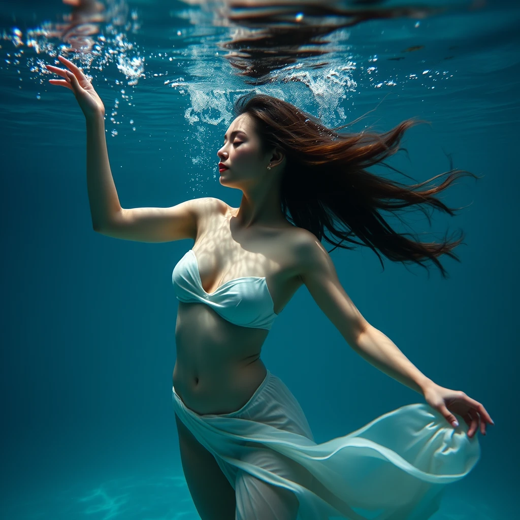 A symbolic photo: A young woman dancing underwater. Life and sensitivity. Perfection. Beauty. Attraction. Supple. Form. Curves. - Image