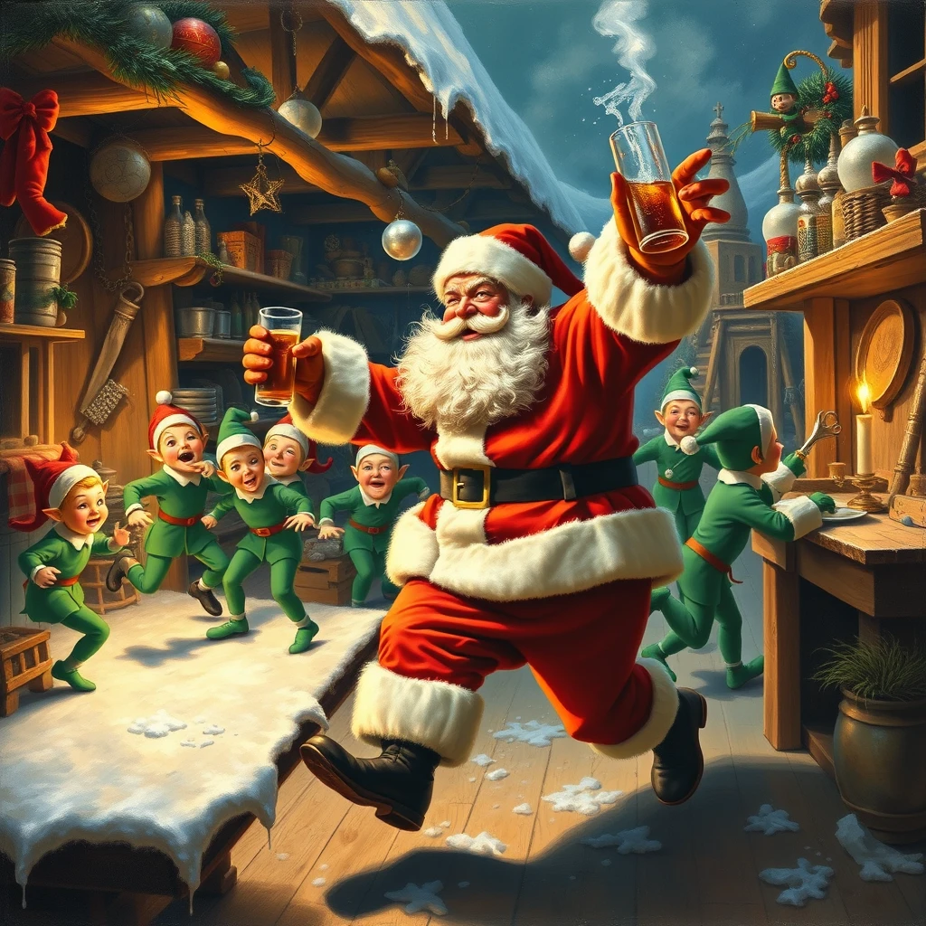 Santa is drunk again and rampaging through the workshop, elves are running for their lives, a painting by Arthur Sarnoff.