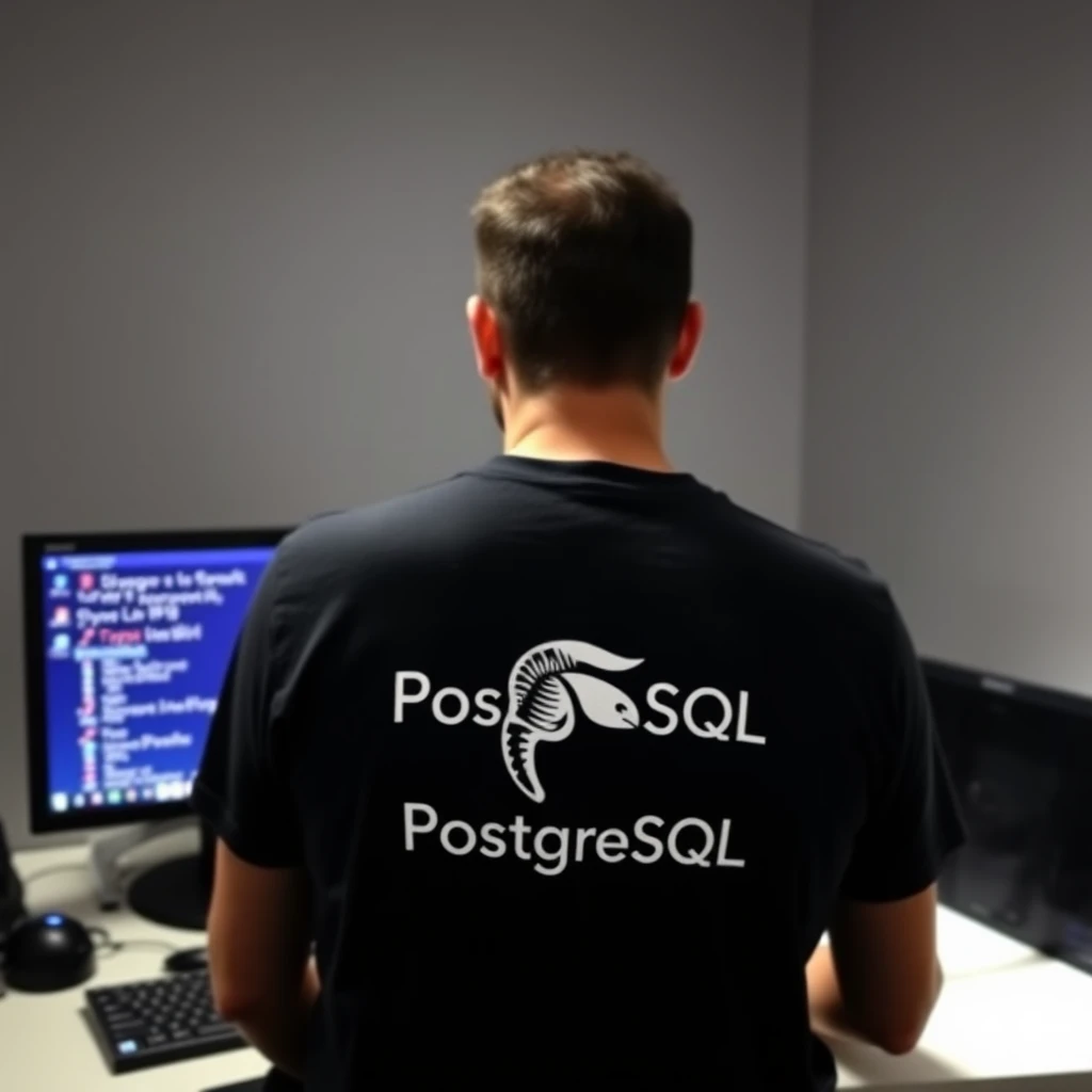 A man wearing a T-shirt with the PostgreSQL logo on the back is sitting in front of a computer on the desk. The lights in the room are dim and the Linux operating interface is on the computer screen.