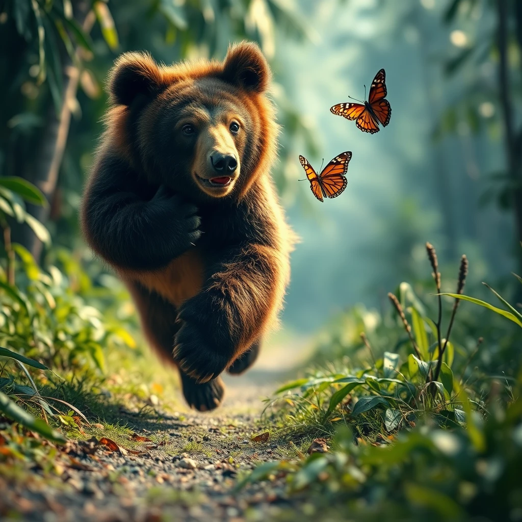 An ultrarealistic bear with fluffy fur running to catch a butterfly, cinematic color, in the Amazon jungle, aspect ratio 16:9.