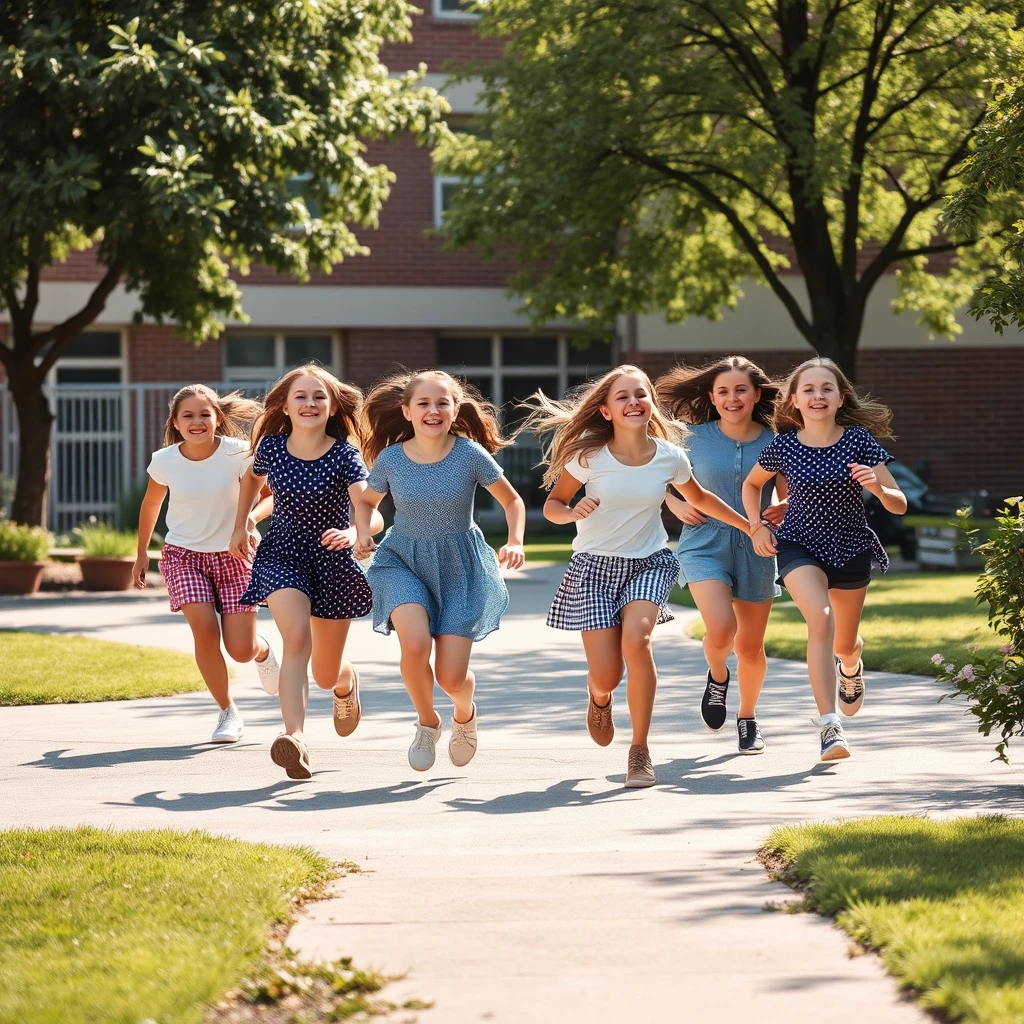 Create a photo of a group of 14-year-old girls joyfully running across the schoolyard in the summer because the holidays are starting.