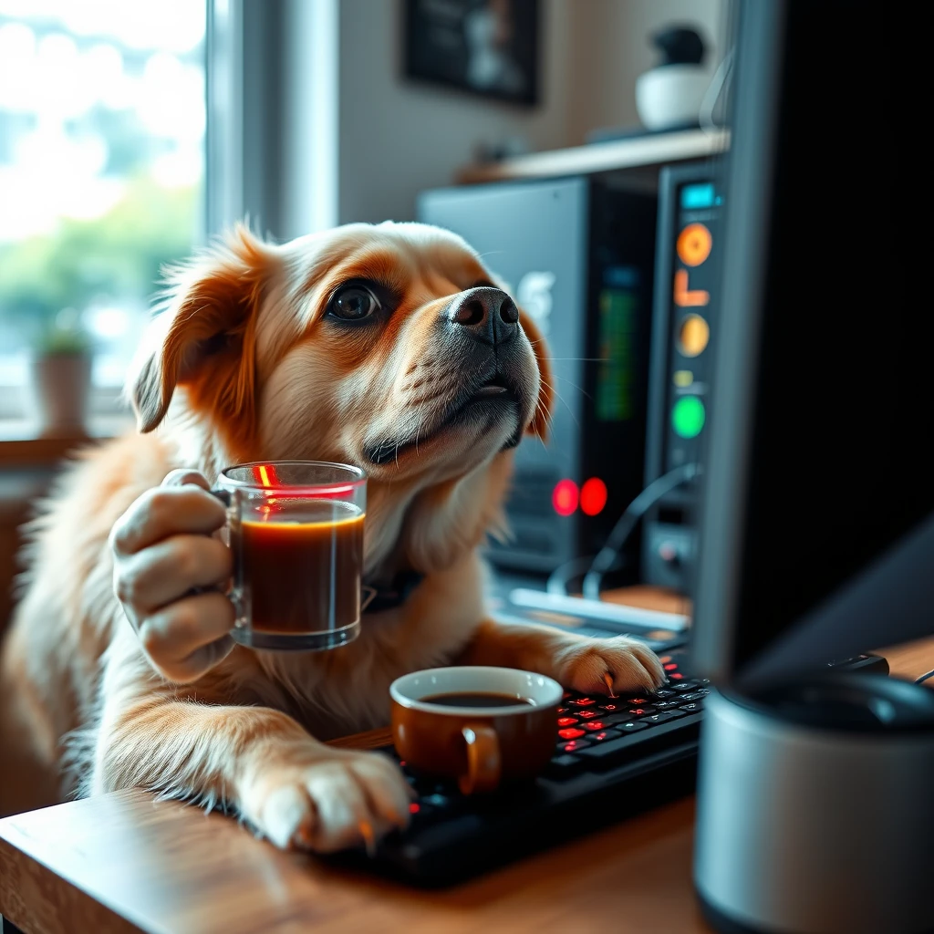 A dog is playing PC games and drinking coffee at the same time.